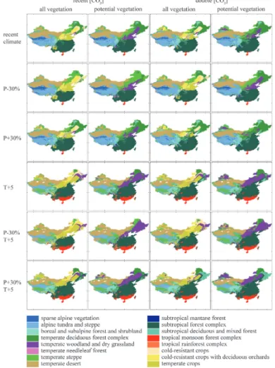 Fig. 5. Projected vegetation patterns for six climatic sensitivity experiments, under recent and doubled [CO 2 ].