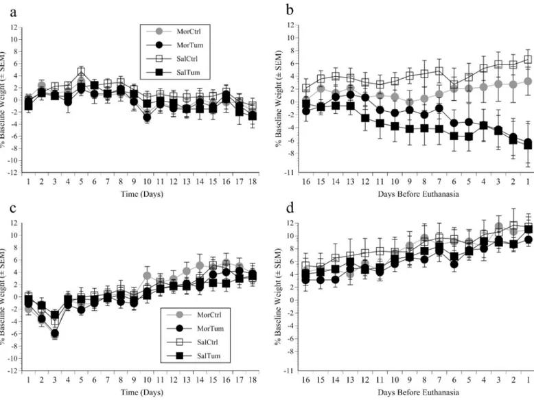 Fig 1. Body weight results. Mean percentage changes from baseline (pre-inoculation) body weight (±SEM) in mice inoculated with MB49 luc bladder cancer (Tum) or DPBS (Ctrl) and conditioned to morphine (Mor) or saline (Sal)