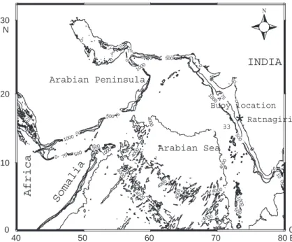 Fig. 1. Study area showing the wave measurement location. The depth contours are in meters.
