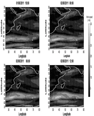 Fig. 7. Southern Ocean and Indian Ocean wind system during 1 and 2 August showing the propagation of storm from west to east.