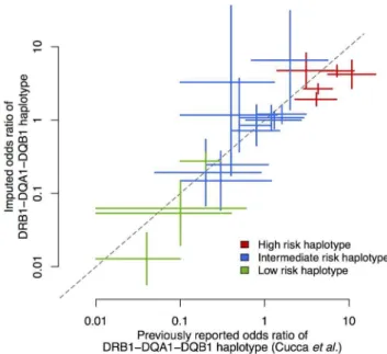 Figure 4. Association analysis of WTCCC type 1 diabetes data. We imputed classical HLA alleles and polymorphic amino acids in 1,963 cases and 2,939 controls using the T1DGC reference panel, and tested all variants for association with logistic regression