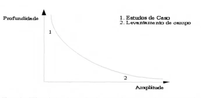Figura 4 — Diferenciação entre estudos de casos  e  levantamento de  campo,  segundo a  profundidade e a amplitude da pesquisa