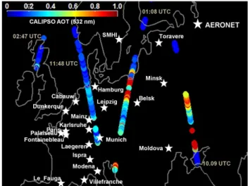 Fig. 1. Location of the AERONET stations used in the present study. The colored dots represent AOT at 532 nm, obtained from CALIPSO measurements during day and night tracks on 1 April 2007