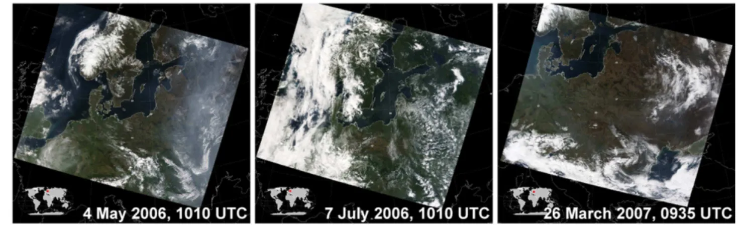 Fig. 2. MODIS visible composite pictures over Europe for (a) 4 May 2006, (b) 7 July 2006 and (c) 26 March 2007.