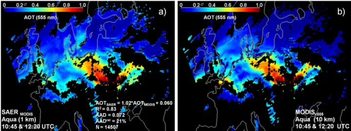 Fig. 3. Aqua satellite scenes of AOT at 555 nm over land and water surfaces in Europe for a combination of two overpasses at 10:45 and 12:20 UTC on 1 April 2007 obtained with (a) the SAER algorithm and (b) the MODIS c005 algorithm
