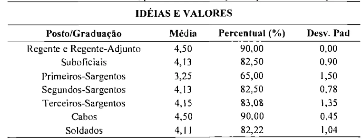 Tabela 13:  Idéias  e  valores - média, percentual  e  desvio padrão por questões   IDÉIAS  E  VALORES 