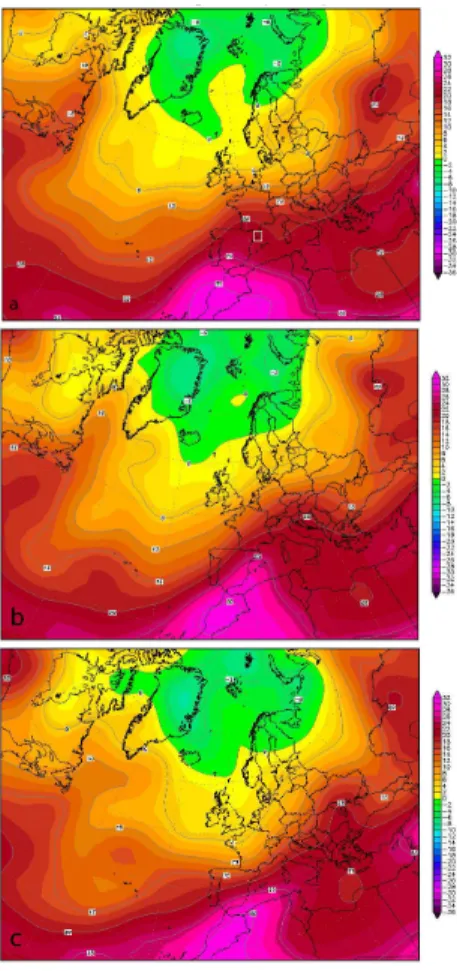 Fig. 1. Temperature at 850 hPa (in ◦ C) obtained by the NCEP reanalysis at 00:00 UTC on (a) 26, (b) 27 and (c) 28 August 2010