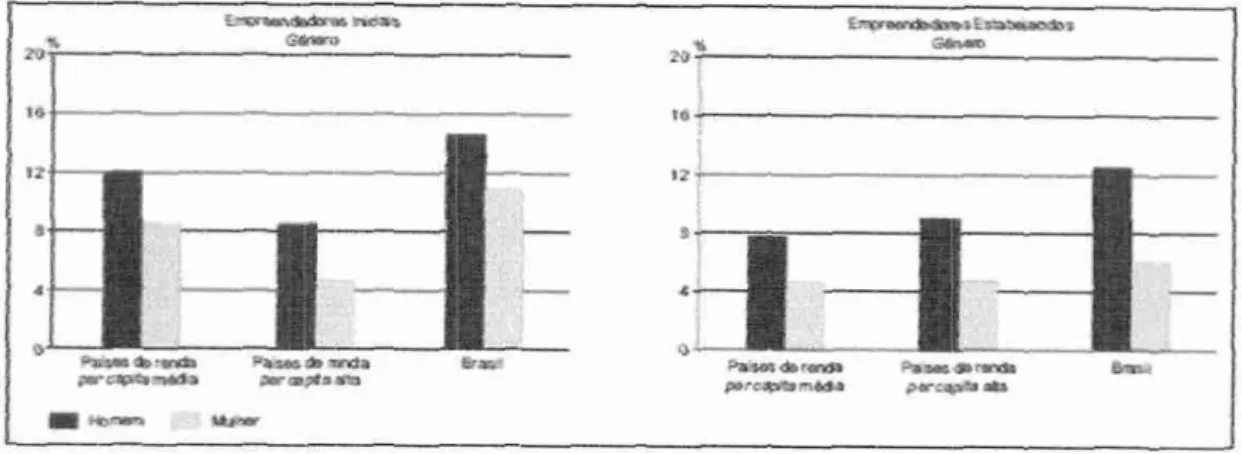 Figure  131  Taxa de atividade  empre-rentiedore segundo  género por grupos  de   países e  Brasil  Fonte:  GEM