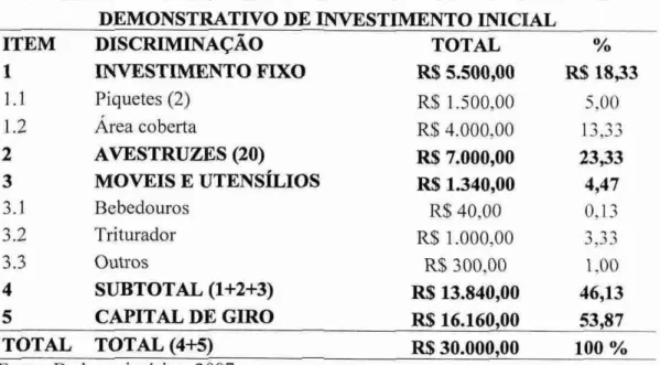 Tabela 3:  Projeção de Investimento Inicial 