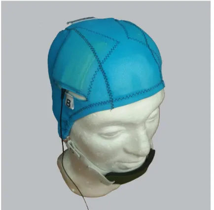 Fig 1. Custom-made tDCS electrode cap with sewn-on electrode positioning guides. Figure shows the cap for the bifrontal electrode montage
