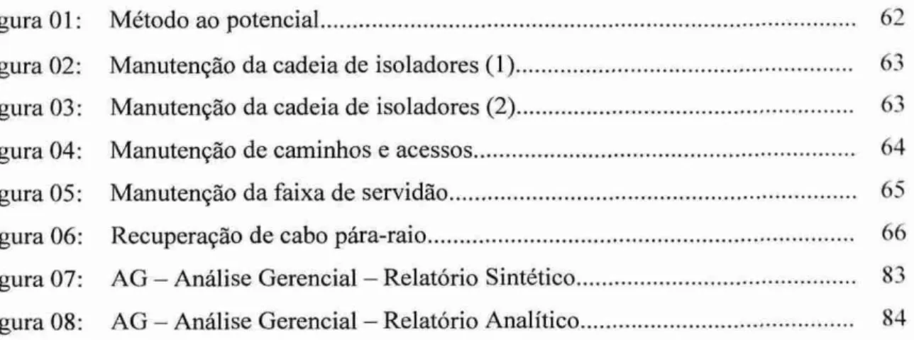 Figura 01:  Método ao potencial  62  Figura  02: Manutenção  da cadeia de isoladores  (1)   63  Figura  03: Manutenção  da cadeia de isoladores  (2)   63 