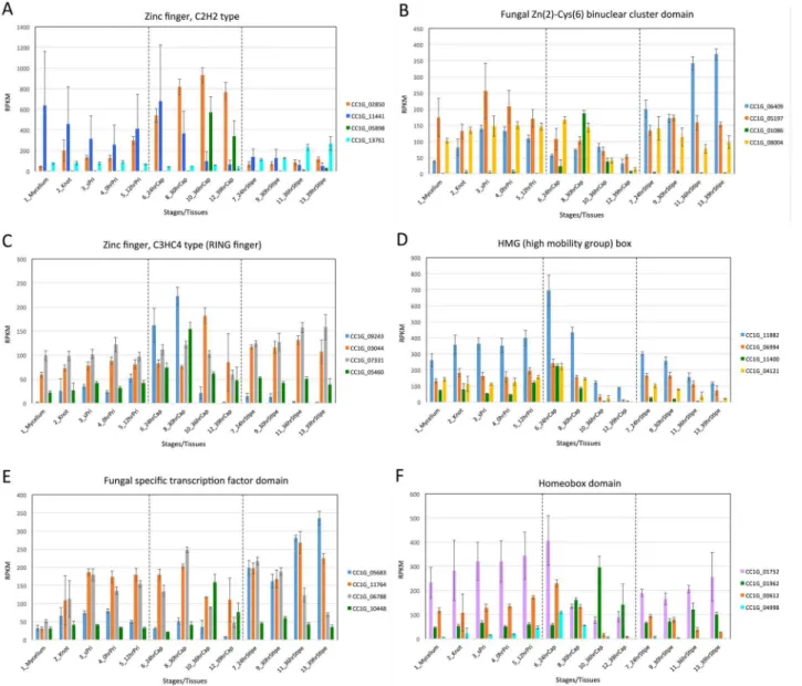 Fig 7. Changes in gene expression of TFCs with the same Pfam domain. (A) Top 4 genes of C2H2 transcription factors