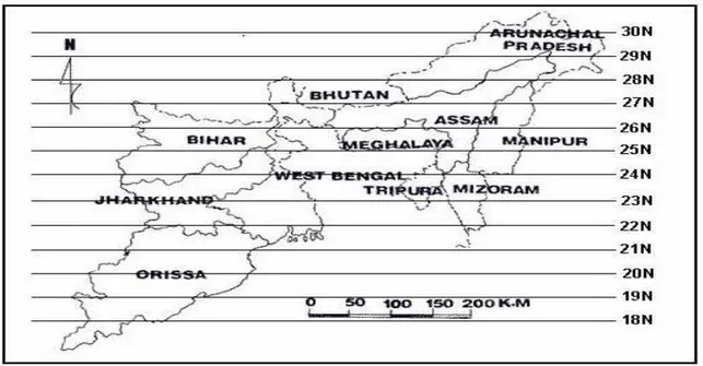 Fig. 9. A partial map of eastern India showing northern latitude gridlines  
