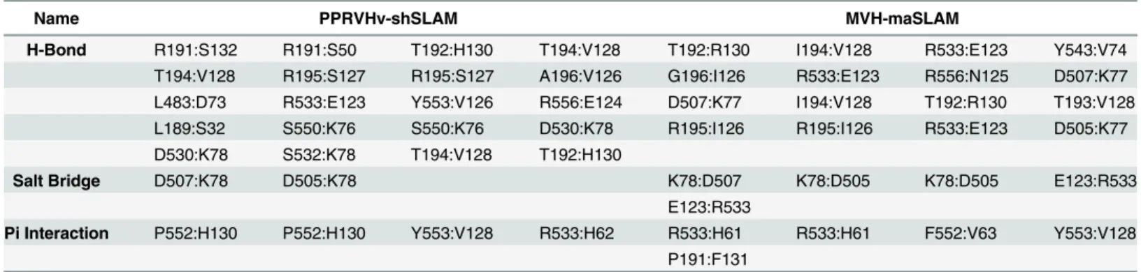 Table 4. Interface residues comparison between PPRVHv-shSLAM and MVH-maSLAM complex.
