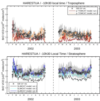 Fig. 11. Comparison between ground-based UV-visible and mod- mod-eled tropospheric and stratospheric BrO columns for the 2002–2003 period