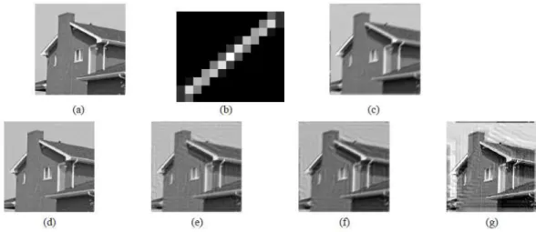 Figure  4.  Test  image:  house;  case:  uniform  motion  blur  (L  =  15  pixels  and θ = 40 0 )            ( σ n =  1.5)  (a)  Original  image,  (b)  Motion  blur  kernel,  (c)  Noisy-blurred  image,  and  Deblurred  images  by:  (d)  SparseD  method, (e