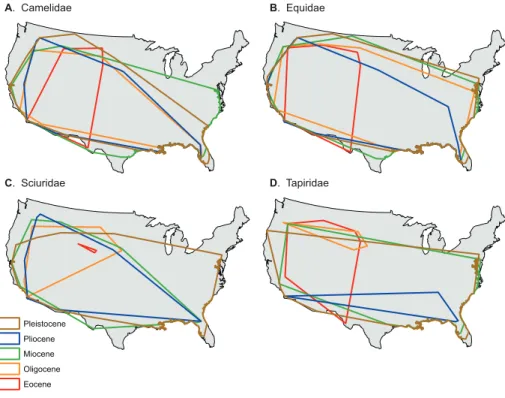 Figure 2. Range area polygons during each epoch for (A) Camelidae, (B) Equidae, (C) Sciuridae, and (D) Tapiridae.