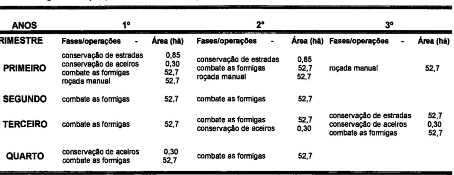 Tabela 5: Cronograma das operações nos anos de manutenção 