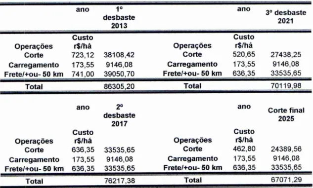 Tabela 17: Custos com as operações de desbaste  ano  1°  des baste  2013  ano  3 0 desbaste 2021  Custo  Custo 