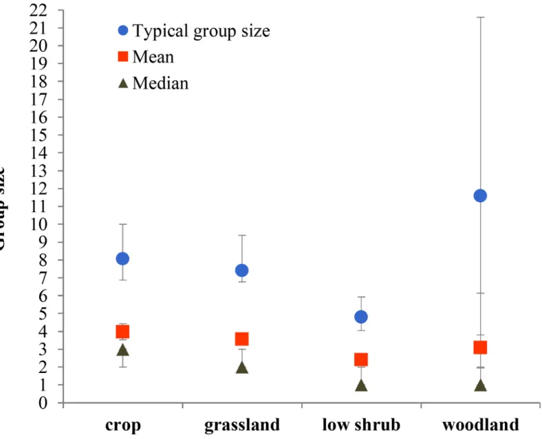 Fig 4. Typical, mean and median group sizes according to habitat. In typical and mean group sizes bars are 95% confidence intervals (CIs); in median group size CIs range between 95% and 96.2%