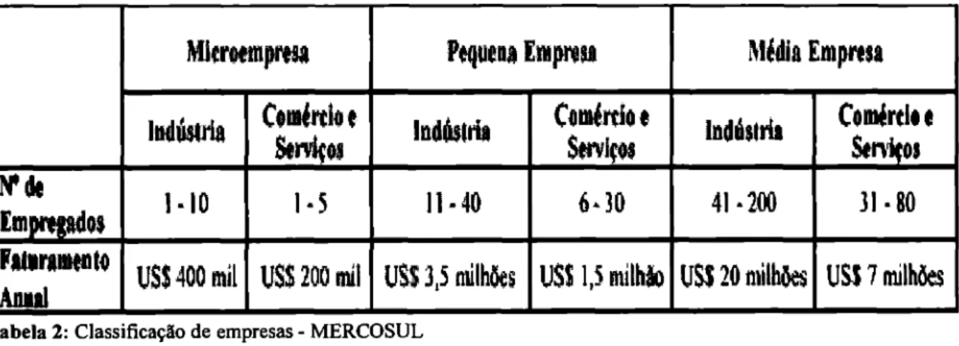 Tabela 2:  Classificação  de empresas  - MERCOSUL  Fonte:  MDIC (2004) 