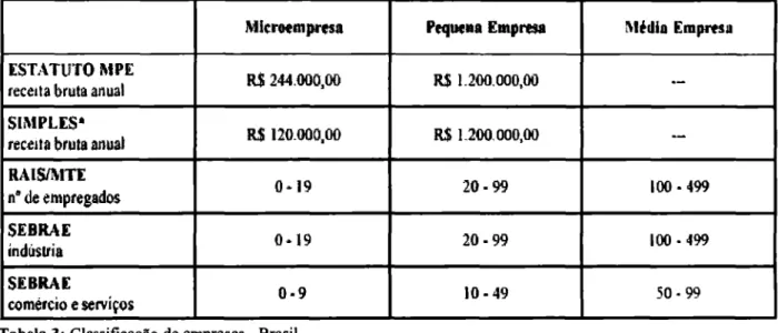 Tabela 3: Classificação de empresas - Brasil  Fonte: MDIC (2004) 
