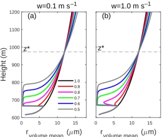 Figure 5. Volume-mean radius for a polydisperse cloud droplet population vs. height at updraft speeds of (a) w = 0.1 m s −1 and (b) w = 1.0 m s −1 and for a clean environment
