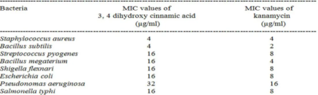 Table  –  2  showed  results  relating  to    minimum  inhibitory  concentration  (MIC)  of  3,4  dihydroxy  cinnamic  acid  and  kanamycin  against   Gram-positive  and  Gram-negative  bacteria