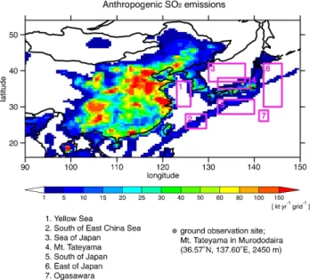 Fig. 1. Anthropogenic SO 2 emissions over East Asia in 2005 based on the REAS emission inventory