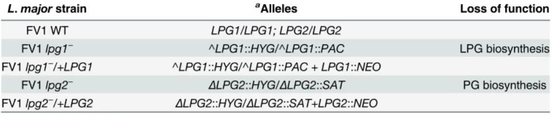 Table 1. Formal names for L. major FV1 LPG and PG null mutants and add back lines.