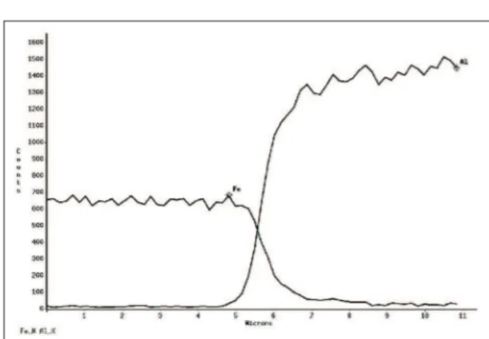 Figure 10:  Analysis  by  semiquantitative  EDX  showing  the  interdiffusion of the main elements of alloy AA1050  (Al) and AISI 304 stainless steel (Fe).