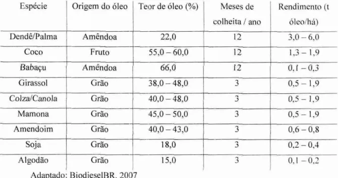 Tabela  01:   Características   das culturas oleaginosas no Brasil  Espécie  Origem do   óleo  Teor de  óleo (%)  Meses de 