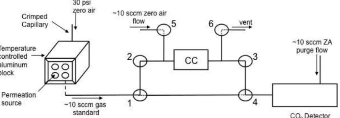 Fig. 1. A schematic diagram of the TOC calibration system. Gas standards are selectively passed over a palladium catalyst (CC)