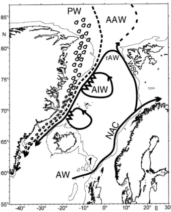Fig. 2. Position of the hydrographic stations. Red and yellow mark- mark-ers are stations in the main elliptical region, the yellow stations (north of 64.5 ◦ N) were not used due to to large scatter