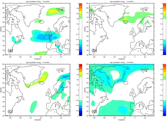 Fig. 6. Correlation of monthly atmospheric data (smoothed using a 3 months running mean) with the DSOW salinity: (a) with the meridional NCEP wind at a time lag of −3 months, (b) with the meridional ERA40 wind at a time lag of −2 months, (c)with the zonal 