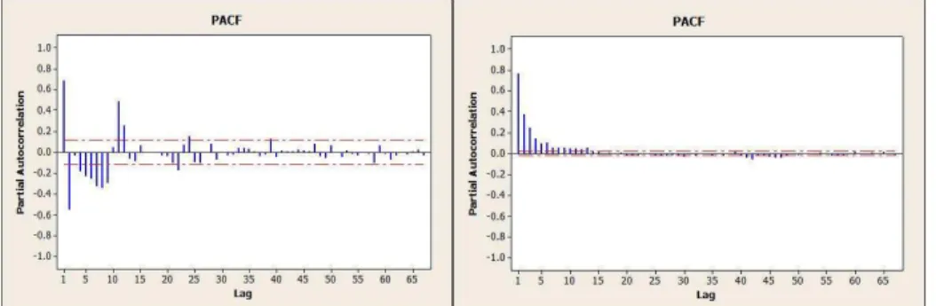 Fig. 3 Partial autocorrelation for standardized monthly flow   Fig. 4 Partial autocorrelation for daily flow                                                          (unstandardized) 
