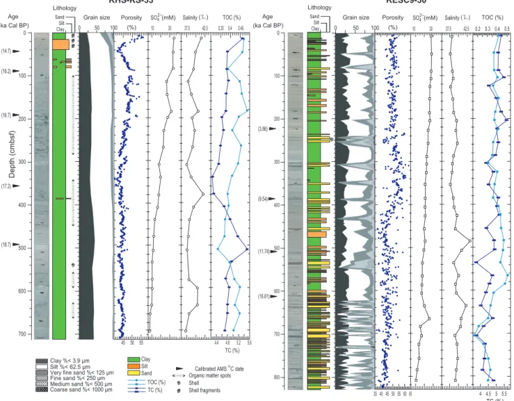 Fig. 2. Principal physicochemical characteristics of studied cores. (TC) total carbon, (light blue) and (TOC) total organic carbon (dark blue).