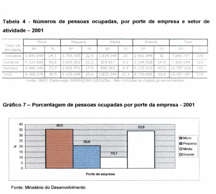 Tabela 4 - Números de pessoas ocupadas, por porte de empresa  e  setor de  atividade — 2001 