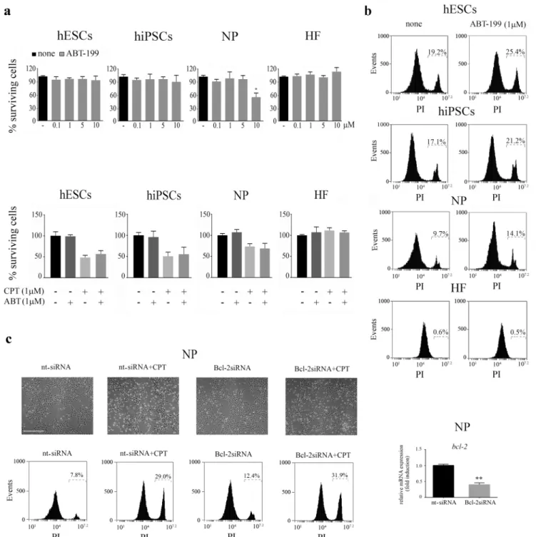 Fig 7. Effects of Bcl-2 selective inhibitor, ABT-199 on the viability of hESCs, hiPSCs NP and HF