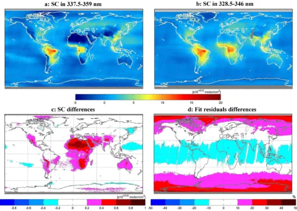 Fig. 2. Comparison of GOME CH 2 O slant columns densities (SC) averaged over 1997–2002 retrieved using (a) the 337.5–359 nm fitting window and (b) the 328.5–346 nm interval  intro-duced in this study