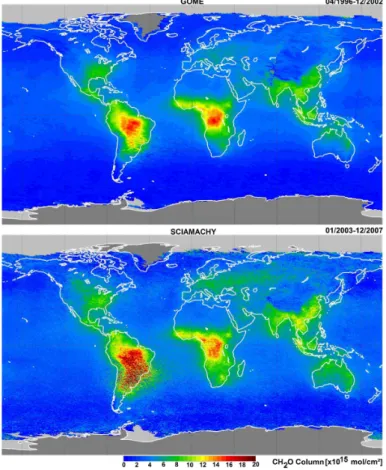 Fig. 8. CH 2 O vertical columns retrieved from GOME (1996–2002) and SCIAMACHY (2003–