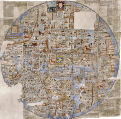 Figure 1. The whole Ebstorf mappa mundi (Kugler, 2007). The whole map symbolises Christ with his head on top (east), his hands to the right (south) and left (north), and his feet at the bottom (west)