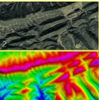 Figure  3. Above: test area 2, 4km x 2km, max. elevation  difference dh: 250m. Below: Colour coded representation of the 