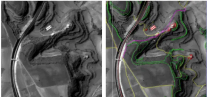 Figure  9.  Example  of  data  compi Forward  stereopair.  Left:  Original vector data including paved roads  paths  (yellow),  embankments  (w buildings (regular polygons in red).