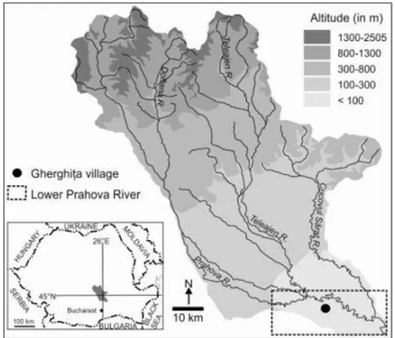 Fig.  1.  Study  area  –  geographical  position  in  Romania  (frame  down,  left)  and in Prahova River’s catchment 