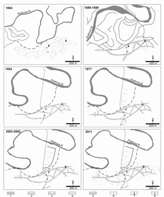 Fig. 2. Evolution of Gherghi ța village compared to flood-prone area. 1: river channel; 2: 