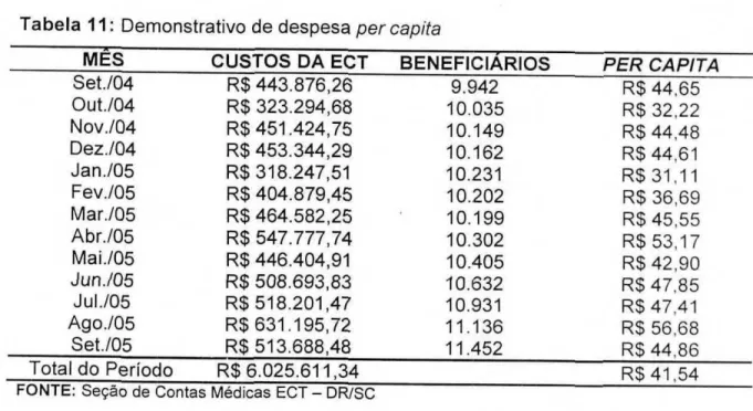Tabela  11:  Demonstrativo de despesa  per capita 