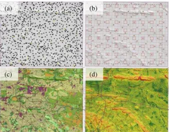 Figure 2. The distribution of the (a) ICPs and (b) sample  patches over the region of interest, as well as the (c) nine LCLU 