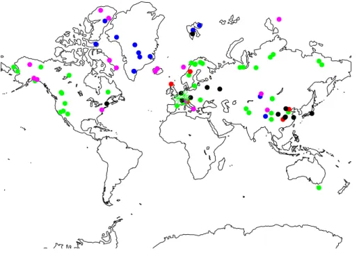 Figure 1. (Color online) Global overview of the temperature proxies used in this study