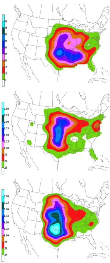 Fig. 3. (a, Top) Frequency of significant (see text for description) tornado touchdown days per century within 25 mi (∼40 km) of a point, based on tornado reports from 1980–1994; (b, Middle)  fre-quency of significant convective wind event days per year (n